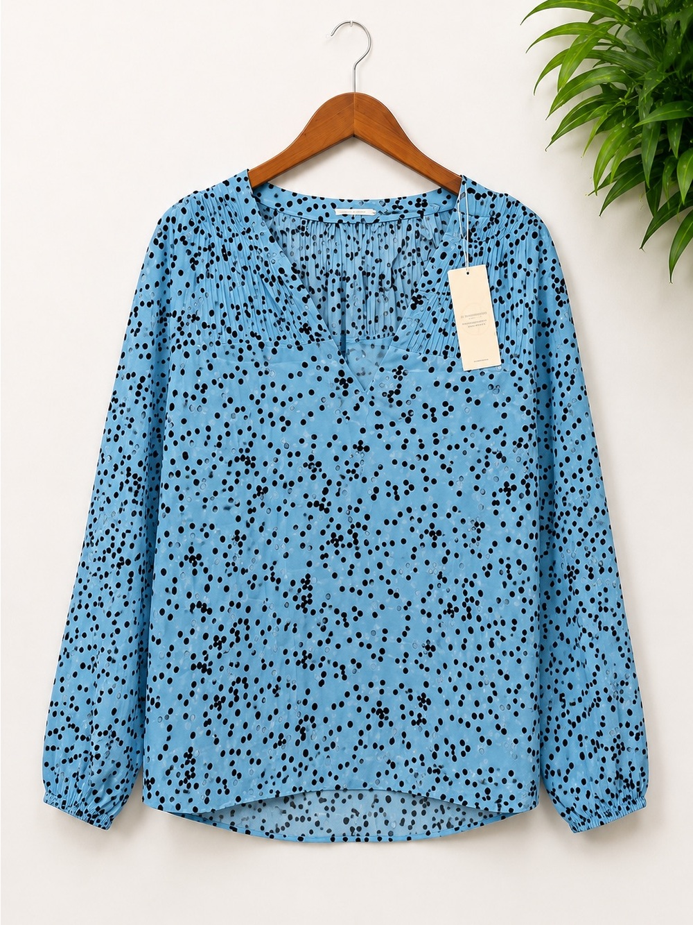 Blue Polka Dot V-Neck Long Sleeve Top